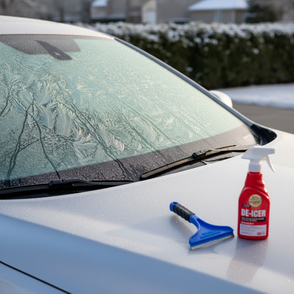 Voorruit ontijzen met ijskrabber op bevroren auto in de winter , veilig zonder schade aan glas of coating